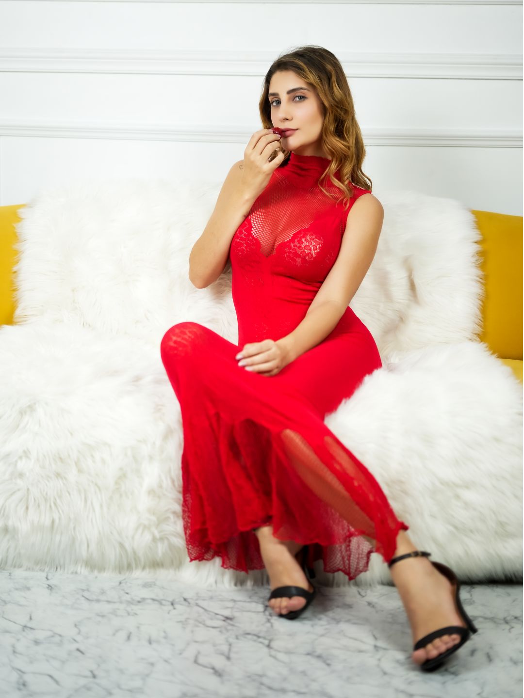 304 SIZI Elegant Red Lace Bodycon Maxi Dress