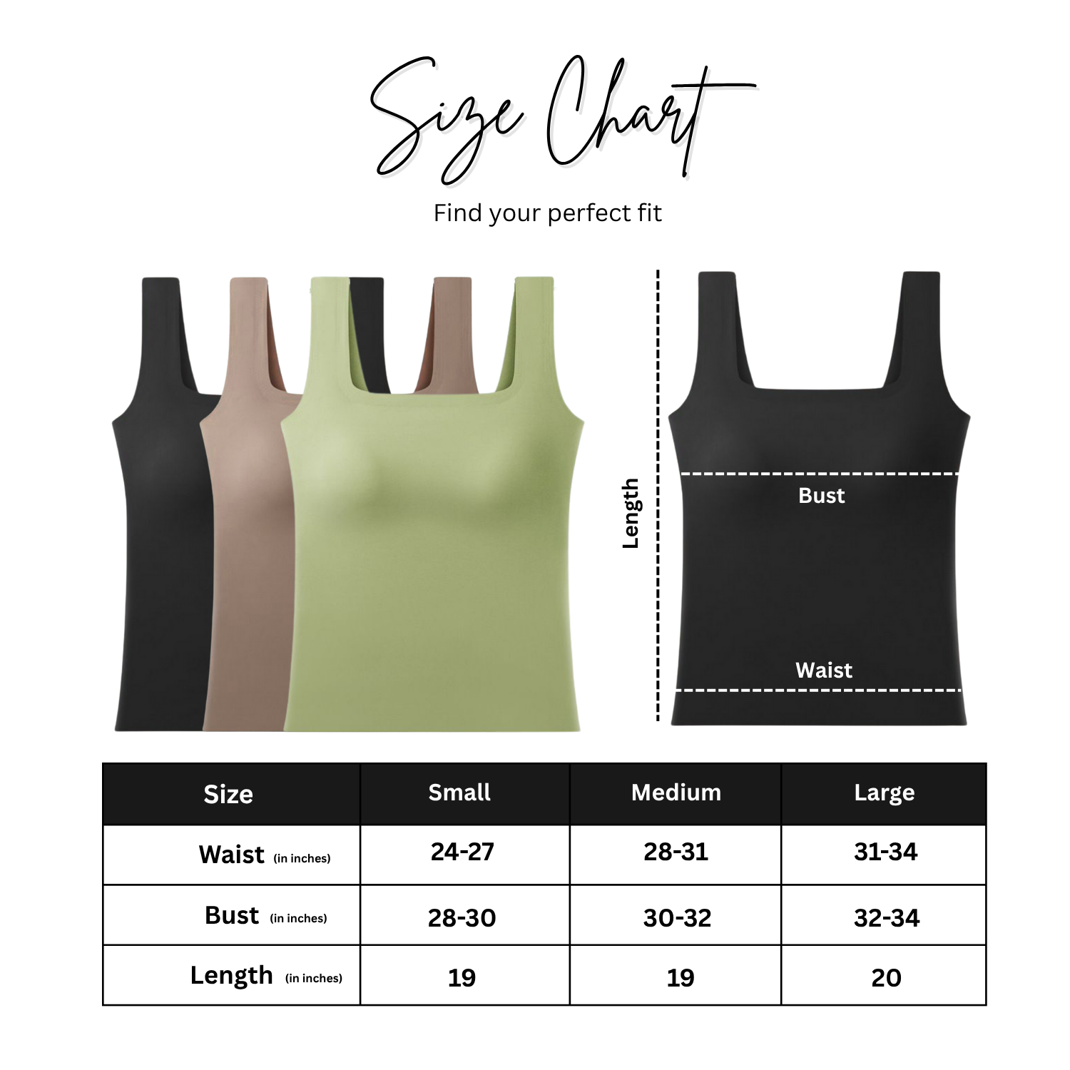 Size Chart SIZI Padded Camisole – Built-In Bra & Seamless Comfort