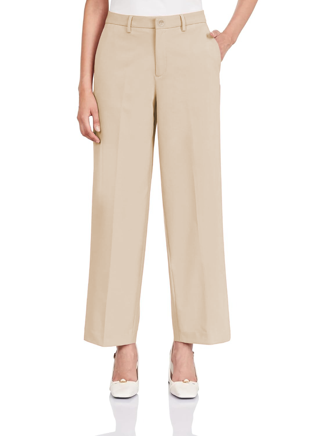 Women’s Beige Wide-Leg High Waist Trousers with Side Pockets Women’s Beige Wide-Leg High Waist Trousers with Side Pockets