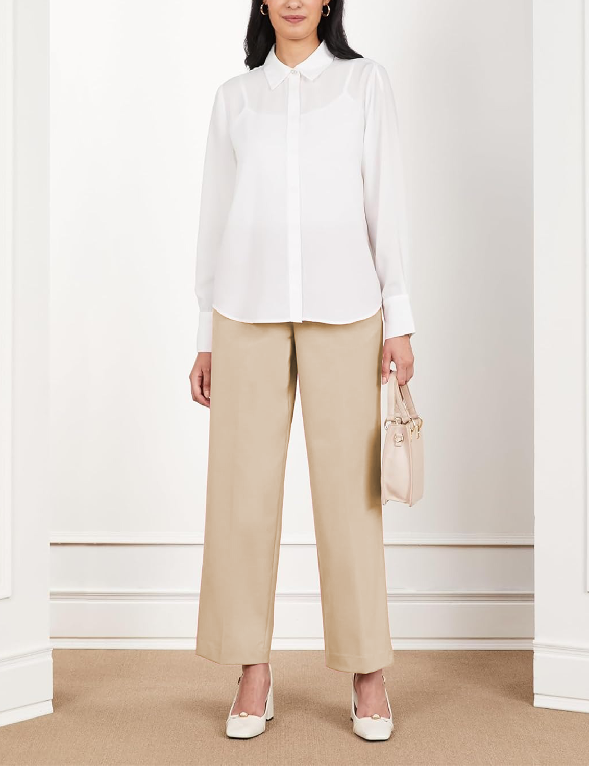 Women’s Beige Wide-Leg High Waist Trousers with Side Pockets