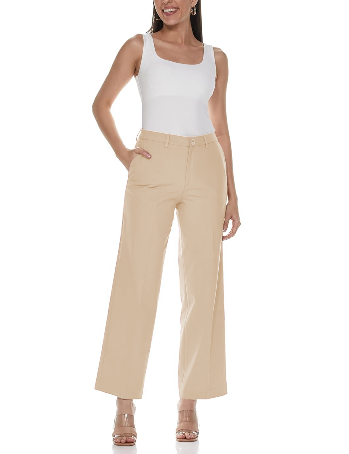 Women’s Beige Wide-Leg High Waist Trousers with Side Pockets Women’s Beige Wide-Leg High Waist Trousers with Side Pockets