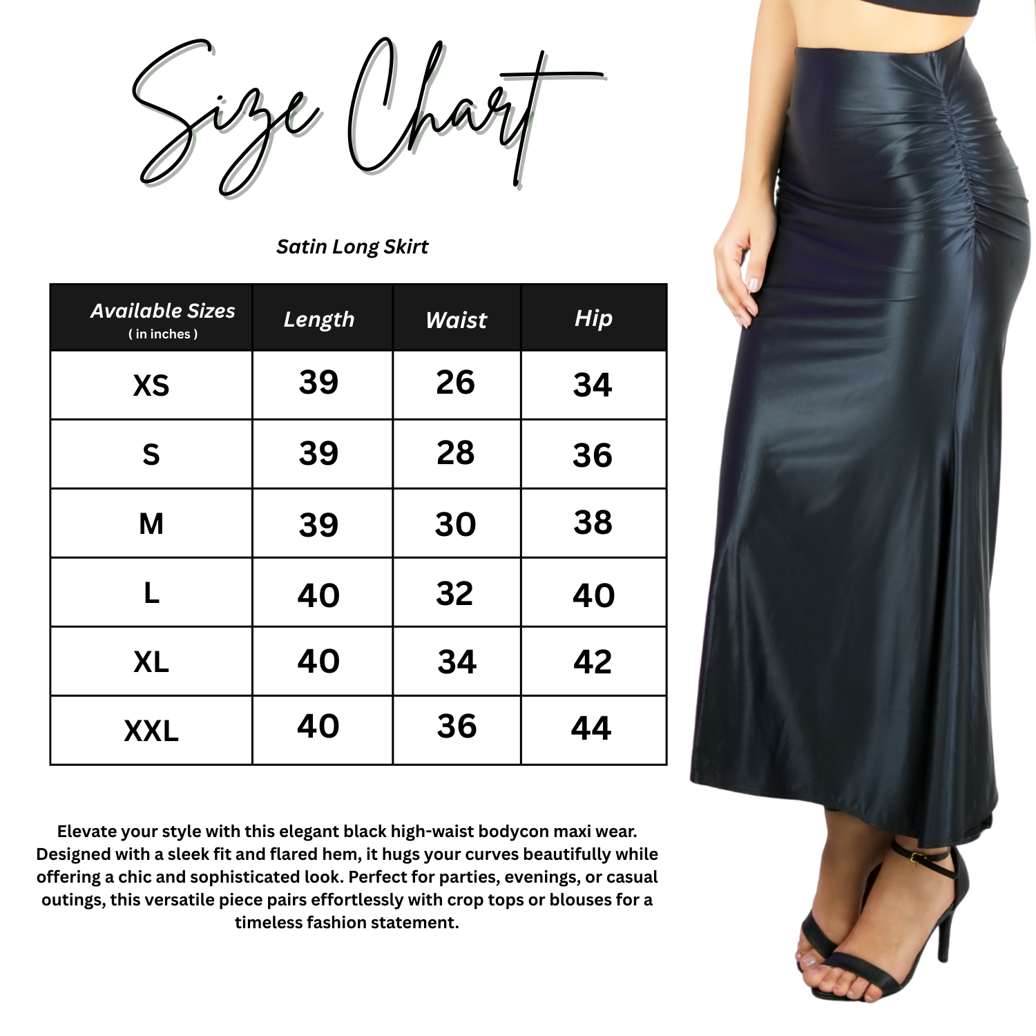 size chart Black Satin High-Waist Skirt – Elegant Women’s Wear